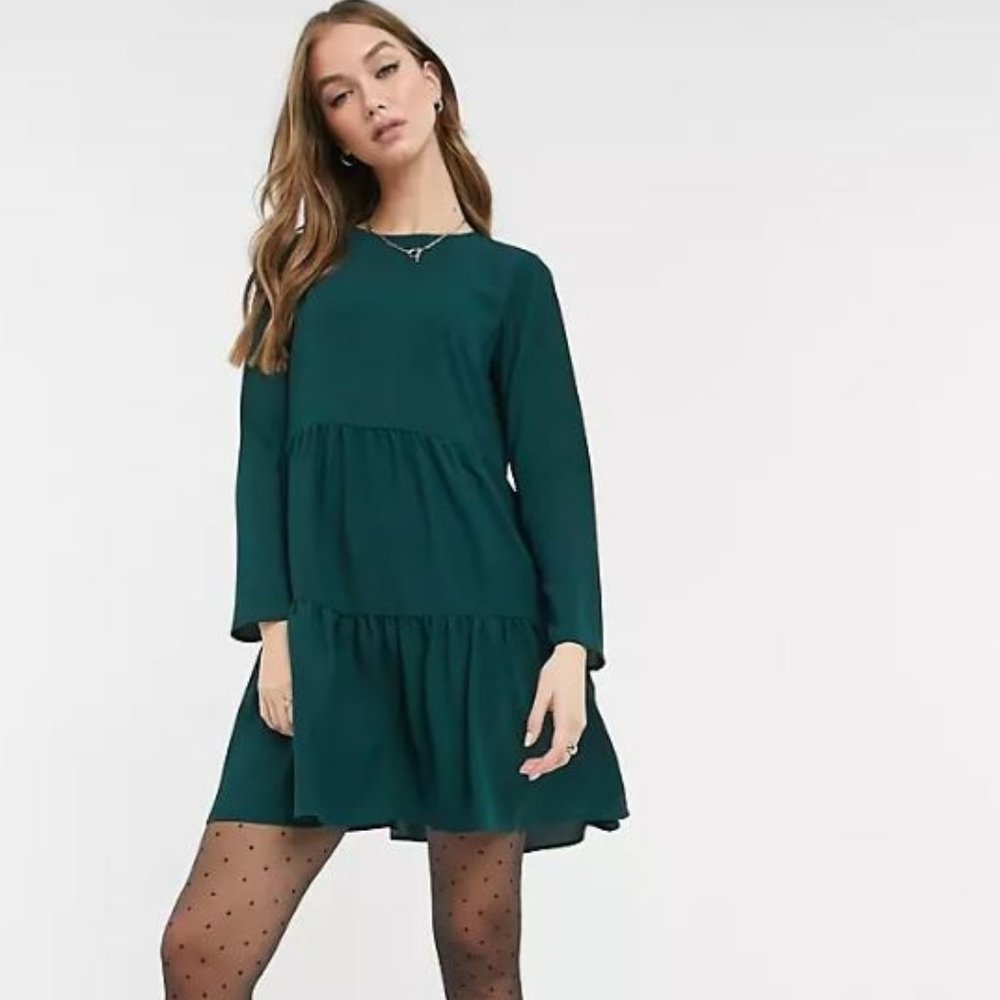 Asos Design Tiered Smock Mini Dress | Forest Green | Size 8